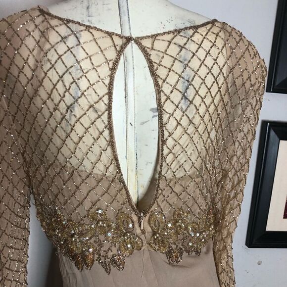 Jovani Evening Long Sleeve Beaded Illusion Beige Gatsby Deco Formal Keyhole Gown - Picture 12 of 15